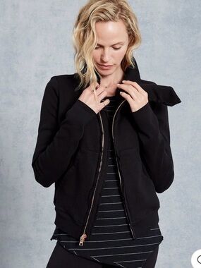 Frank & Eileen Tee Lab Asymmetrical Zip Fleece Jacket Black XS Frayed Edge